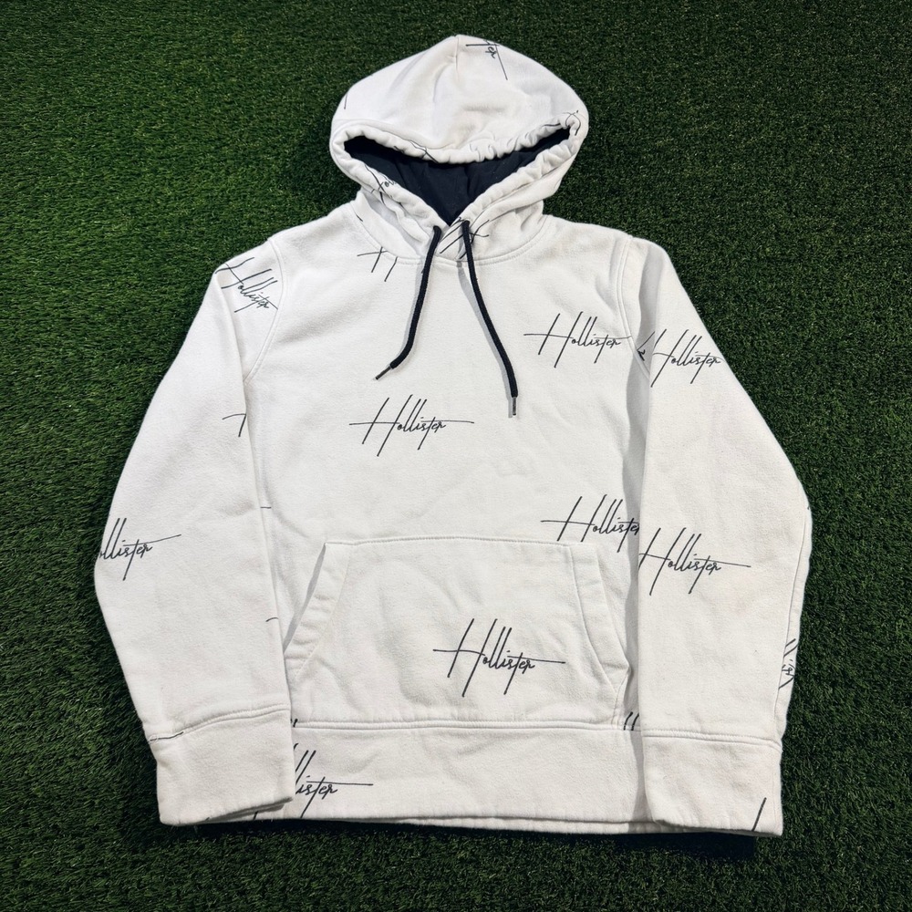 Hollister California White All Over Script Logo Hoodie Mens Small